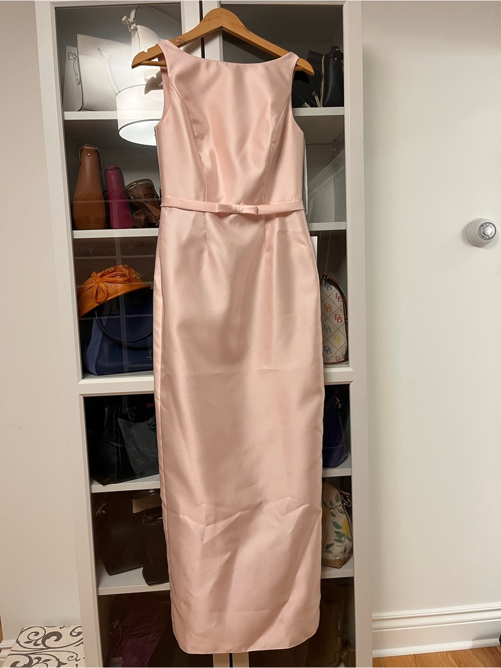 ALFRED SUNG Blush Pink Bateau Neck Column Dress with Bow Belt NWT